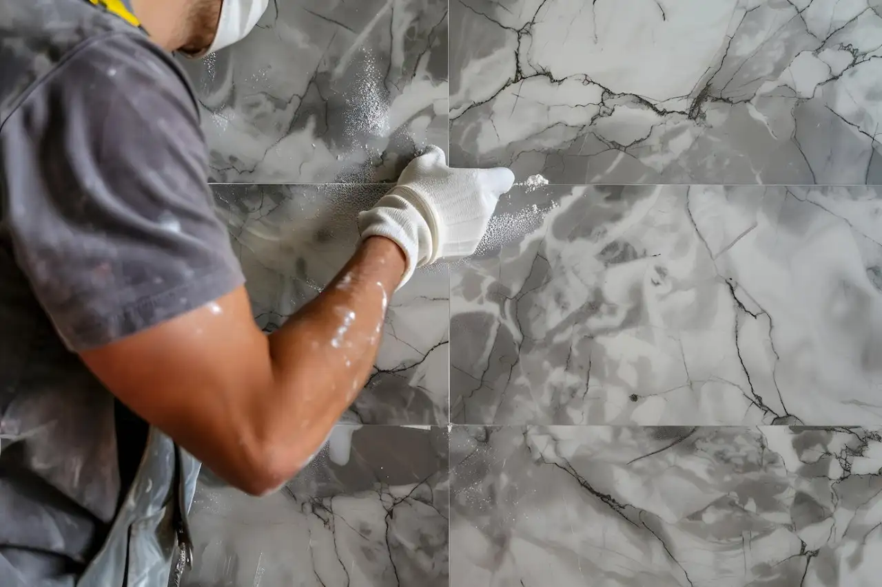 Close-up of grout repair in progress